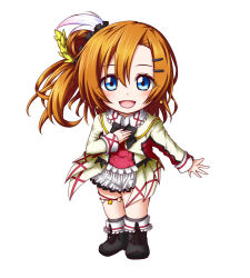 Rule 34 | 10s, 1girl, :d, blue eyes, boots, buttons, chibi, double-breasted, feather hair ornament, feathers, hair ornament, hairpin, hand on own chest, highres, kosaka honoka, kuena, love live!, love live! school idol project, one side up, open mouth, orange hair, short hair, side ponytail, simple background, skirt, smile, solo, sore wa bokutachi no kiseki, white background