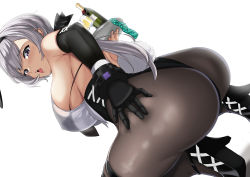 Rule 34 | 1girl, absurdres, alcohol, animal ears, ass, azur lane, backless leotard, black footwear, black leotard, breasts, champagne, champagne bottle, condom, condom packet strip, condom wrapper, elbow gloves, fake animal ears, fake tail, from side, gloves, grey hair, high heels, highleg, highleg leotard, highres, holding, holding tray, large breasts, leotard, leotard under clothes, mechanical hands, metal gloves, official alternate costume, open mouth, pantyhose, parted hair, playboy bunny, purple eyes, rabbit ears, rabbit tail, reno (azur lane), reno (reno bunnino) (azur lane), see-through, see-through shirt, shoes, side-tie leotard, sideboob, single elbow glove, single mechanical hand, solo, squatting, strapless, strapless leotard, tail, tray, warden (jadol 9), wrist cuffs