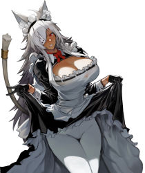 Rule 34 | 1girl, absurdres, ahoge, alternate costume, animal ear fluff, animal ears, apron, babyg wong, black dress, black gloves, blush, breasts, cleavage, clenched teeth, clothes lift, commentary, crotch seam, dark-skinned female, dark skin, dress, dress lift, embarrassed, enmaided, eyepatch, facial scar, female focus, frills, ghislaine dedoldia, gloves, grey hair, hair between eyes, highres, large breasts, long hair, looking at viewer, maid, maid apron, maid headdress, mushoku tensei, pantyhose, red eyes, red neckwear, scar, scar on cheek, scar on face, solo, tail, tail ornament, tail raised, tail ring, teeth, v, white background, white pantyhose