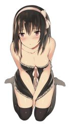 Rule 34 | 10s, 1girl, babydoll, bare shoulders, black thighhighs, blush, breasts, brown hair, camisole, cleavage, collarbone, from above, hairband, kantai collection, kureha (ironika), looking away, navel, shiny skin, short hair, simple background, small breasts, solo, strap slip, takao (kancolle), thighhighs, white background