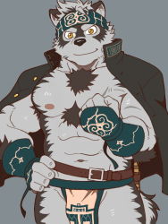 Rule 34 | 1boy, abs, ainu, ainu clothes, animal ears, bara, bare pectorals, bulge, chest hair, clenched hand, cowboy shot, furry, furry male, grey fur, grey hair, headband, highres, horkeu kamui, jacket, jacket on shoulders, male focus, muscular, muscular male, navel, nipples, pectorals, pelvic curtain, shirako (kirupi), short hair, smile, solo, stomach, tail, thighs, tokyo houkago summoners, two-tone fur, white fur, wolf boy, wolf ears, wolf tail, yellow eyes
