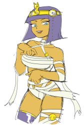Rule 34 | 1girl, alternate costume, arlir, bandages, blue eyes, contrapposto, cowboy shot, dark skin, egyptian, grin, half-closed eyes, looking down, menat, mummy costume, naked bandage, official alternate costume, purple hair, smile, solo, street fighter, street fighter v, tiara, tongue, tongue out, white background