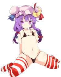 Rule 34 | 1girl, :&lt;, bare shoulders, bikini, black bikini, bow, crescent, flat chest, hair bow, hat, highres, long hair, looking at viewer, navel, patchouli knowledge, purple eyes, purple hair, shirogane (platinum), simple background, solo, striped clothes, striped thighhighs, swimsuit, thighhighs, touhou, white background
