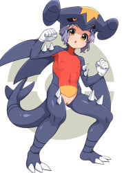 Rule 34 | 1girl, bar censor, blush, bodysuit, censored, cleft of venus, clenched hands, commentary request, cosplay, covered erect nipples, covered navel, creatures (company), flat chest, game freak, garchomp, garchomp (cosplay), gen 4 pokemon, gloves, grey hair, hands up, idolmaster, idolmaster million live!, kevin.g.tuck, knees, legs apart, looking at viewer, makabe mizuki, nintendo, open mouth, pokemon, pussy, short hair, solo, spikes, standing, tongue, white gloves, yellow eyes