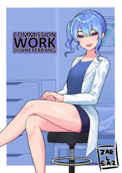 1girl :d blue_eyes blue_hair commentary commission crossed_legs english_commentary english_text flat_chest hololive hoshimachi_suisei jaheterbang lab_coat looking_at_viewer open_mouth side_ponytail sitting smile solo stool teeth virtual_youtuber