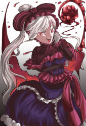 Rule 34 | 1girl, arm under breasts, blood, breasts, dress, eyebrows, eyelashes, fangs, feet out of frame, female focus, fingernails, frilled dress, frills, gothic lolita, gradient background, grey background, hand up, lipstick, lolita fashion, long fingernails, long hair, looking at viewer, makeup, open mouth, overlord (maruyama), petite, ponytail, purple dress, red dress, red eyes, red lips, rioyao, shalltear bloodfallen, simple background, small breasts, smile, solo, standing, teeth, tongue, two-tone background, two-tone dress, upper teeth only, vampire, white background, white hair