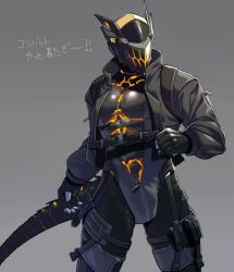 Rule 34 | 1boy, abs, protagonist (pso2), bara, black bodysuit, black gloves, bodysuit, clenched hand, colored skin, cropped jacket, cyborg, fingerless gloves, gloves, glowing, grey background, hakidashi 11, jacket, male focus, masked, mechanical tail, muscular, muscular male, open clothes, open jacket, partially unzipped, pectorals, phantasy star, phantasy star online 2, purple skin, robot ears, solo, tail, thick thighs, thighs, translation request, upper body, zipper, zipper pull tab