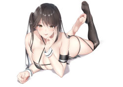 Rule 34 | 1girl, absurdres, arm strap, azur lane, barefoot, black hair, black legwear, breasts, buta tamako, center opening, cleavage, clothing cutout, criss-cross halter, feet, halterneck, highres, large breasts, long hair, looking at viewer, lying, navel cutout, on stomach, race queen, smile, solo, the pose, white background, wristband, yellow eyes, zuikaku (azur lane), zuikaku (the wind&#039;s true name) (azur lane)