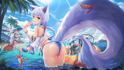 Rule 34 | 3girls, absurdres, animal ears, arknights, ass, b.d (472858314), bare shoulders, beach, blue gloves, blue sky, boat, braid, cloud, commentary request, crab, day, fingerless gloves, food, gloves, hair between eyes, hand up, hat, highres, holding, holding food, large tail, leaning forward, long hair, multiple girls, navel, ocean, off-shoulder shirt, off shoulder, official alternate costume, open mouth, outdoors, palm tree, platinum (arknights), platinum (shimmering dew) (arknights), popsicle, provence (arknights), provence (casual vacation) (arknights), purple hair, revision, shirt, short sleeves, single glove, skadi (arknights), skadi (waverider) (arknights), sky, stomach, sun hat, tail, thighs, tree, wading, water, watercraft, white headwear, white shirt, wolf ears, wolf tail, yellow eyes
