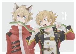 Rule 34 | 10s, 2boys, animal, animal ears, bandages, blonde hair, blue background, blue eyes, coat, erune, feather (granblue fantasy), fork, granblue fantasy, gucha (netsu), knife, looking at another, male focus, mouth hold, multiple boys, open clothes, open coat, open mouth, simple background, snake, stan (granblue fantasy), upper body