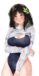 Rule 34 | 1girl, arm under breasts, black survival, blue one-piece swimsuit, blush, breasts, brown hair, charon (duddnd2361), cleavage, clothes lift, collared shirt, commentary request, cowboy shot, eternal return: black survival, green eyes, gweon sua, hair ornament, highleg, highleg swimsuit, highres, korean commentary, large breasts, leaf hair ornament, long hair, long sleeves, one-piece swimsuit, open mouth, shirt, shirt lift, simple background, solo, sweat, swimsuit, white background, white shirt