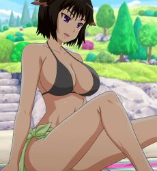 Rule 34 | 1girl, absurdres, animal ears, bare shoulders, bikini, black bikini, black hair, breasts, cleavage, collarbone, eyebrows, female focus, highres, large breasts, legs, lotte no omocha!, nature, open mouth, outdoors, purple eyes, sarong, short hair, sitting, smile, solo, spread legs, stitched, swimsuit, thighs, third-party edit, tree, ursula sumarlidi