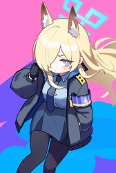 Rule 34 | 1girl, animal ear fluff, animal ears, armband, black gloves, black jacket, black pantyhose, blonde hair, blue archive, blue eyes, blue necktie, blue shirt, blush, breasts, closed mouth, collared shirt, concha (mamecha), gloves, hair over one eye, halo, hand in pocket, highres, jacket, kanna (blue archive), long hair, long sleeves, looking at viewer, multicolored background, necktie, open clothes, open jacket, pantyhose, shirt, simple background, skirt, solo