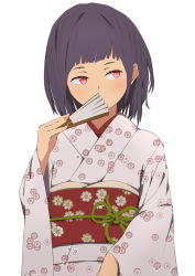 Rule 34 | 1girl, bad id, bad pixiv id, black hair, blunt bangs, blush, covering own mouth, floral print, folding fan, hand fan, highres, holding, holding fan, japanese clothes, kimono, looking away, obi, original, red eyes, sash, sidelocks, simple background, solo, sonri, upper body, wide sleeves