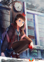 Rule 34 | 1girl, backpack, bag, black footwear, black hair, black jacket, black pantyhose, black vest, blue eyes, blue skirt, character request, closed mouth, cloud, cloudy sky, collared shirt, copyright name, hair ribbon, hairband, hakusai (tiahszld), holding, hood, hood down, hooded jacket, jacket, long sleeves, looking at viewer, necktie, official art, open clothes, open jacket, outdoors, pantyhose, plaid, plaid skirt, qurare magic library, red hairband, red ribbon, ribbon, school, shirt, shoes, skirt, sky, sneakers, socks, socks over thighhighs, solo, squatting, striped necktie, striped neckwear, vest, white shirt, white socks