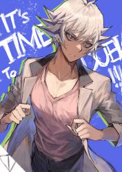 Rule 34 | 1boy, black pants, blue hair, cowboy shot, english text, erichidayo, eyelashes, from above, grey hair, head tilt, highres, jacket, looking at viewer, male focus, multicolored hair, open clothes, open jacket, pants, pink shirt, revolver (yu-gi-oh!), shirt, short hair, solo, two-tone hair, unfinished, yu-gi-oh!, yu-gi-oh! vrains