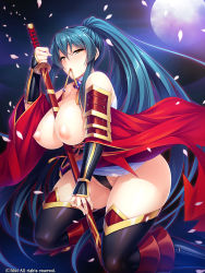 Rule 34 | 1girl, bare shoulders, between breasts, blush, boots, breasts, breasts out, cherry blossoms, feet out of frame, female focus, game cg, gauntlets, green hair, groin, hair between eyes, half-closed eyes, high ponytail, highres, holding, holding sword, holding weapon, ishii akira, japanese clothes, large breasts, legs, light blush, long hair, looking at viewer, mametsu no kenki itsuki no sei jijou, miel (company), moon, mouth hold, night, nipples, panties, petals, ponytail, pussy juice, pussy juice trail, sash, sky, solo, sword, thigh boots, thighhighs, thighs, underwear, very long hair, weapon, wet, wind, yellow eyes