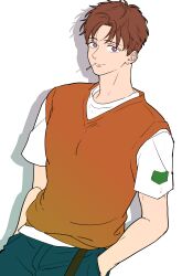 Rule 34 | 1boy, absurdres, after school lessons for unripe apples, brown hair, brown vest, ear piercing, hands in pockets, highres, mo jinseop, mouth hold, mrh cit, piercing, purple eyes, shirt, short hair, short sleeves, simple background, solo, standing, vest, white background, white shirt