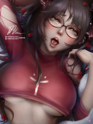 Rule 34 | 1girl, ahegao, aqua eyes, arm up, black hair, blush, breasts, fate/stay night, fate (series), glasses, mumeaw, open mouth, signature, tohsaka rin, torn clothes, upper body