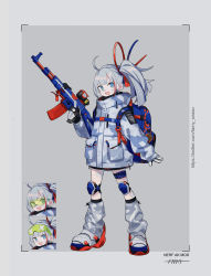 Rule 34 | 1girl, absurdres, ahoge, backpack, bag, bandaid, bandaid on cheek, bandaid on face, bandaid on leg, bandaid on nose, blue eyes, buckle, camouflage, camouflage jacket, commentary request, eyewear on head, fami (yellow skies), full body, glasses, grey background, grey hair, hair ribbon, highres, jacket, knee pads, leg warmers, long hair, long sleeves, looking at viewer, nerf gun, original, ribbon, side ponytail, snap-fit buckle, solo, standing, thigh strap, tinted eyewear, two-tone background, two-tone gloves, v-shaped eyebrows