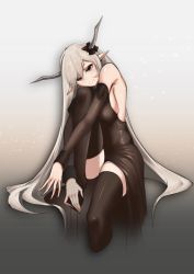 Rule 34 | 1girl, absurdres, arknights, black dress, black sleeves, black thighhighs, black wrist cuffs, breasts, brown eyes, cropped legs, demon horns, detached sleeves, dress, ghosty (xiaobai), gradient background, grey background, grey hair, head rest, head tilt, highres, horn ornament, horns, invisible chair, long hair, looking at viewer, no shoes, pointy ears, shining (arknights), sideboob, simple background, sitting, smile, solo, strapless, strapless dress, thighhighs, very long hair, wrist cuffs