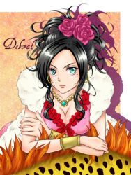 Rule 34 | 1girl, bad id, bad pixiv id, black hair, blue eyes, borongo, bow, bracelet, breasts, cleavage, deborah (dq5), dragon quest, dragon quest v, dress, earrings, feather boa, flower, hair flower, hair ornament, hair up, jewelry, large breasts, mole, mole under eye, moon-p, necklace, purple flower, purple rose, rose, solo