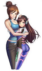 Rule 34 | 2girls, ass, beads, blue eyes, bodysuit, breasts, brown hair, casual, cleavage, collarbone, corgi (artist), cowboy shot, d.va (overwatch), facial mark, gloves, green eyes, hair bun, hair ornament, hair stick, hairpin, hand on another&#039;s head, headphones, height difference, highres, hug, large breasts, light smile, lips, long hair, looking at viewer, mei (overwatch), multiple girls, no eyewear, overwatch, overwatch 1, parted lips, pilot suit, simple background, single hair bun, skin tight, smile, swept bangs, symbol-shaped pupils, tank top, whisker markings, white background, white gloves, yuri