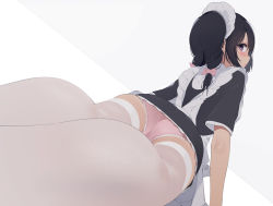 Rule 34 | 1girl, apron, ass, black hair, bow, commentary, from behind, hair bow, looking back, lying, maid, maid apron, maid headdress, on stomach, original, panties, pink panties, purple eyes, simple background, solo, thighhighs, twintails, underwear, unimon e, white thighhighs