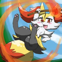 Rule 34 | 1girl, animal ear fluff, animal ears, blue sky, blush, braixen, chizi, cloud, creatures (company), day, dutch angle, fang, female focus, fox ears, fox tail, full body, furry, furry female, game freak, gen 6 pokemon, happy, jumping, looking at viewer, nintendo, open mouth, outdoors, pawpads, pokemon, pokemon (creature), red eyes, sky, smile, solo, tail