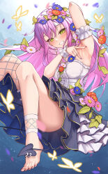 Rule 34 | 1girl, alternate costume, arm behind head, arm up, armpits, barefoot, blue background, blue flower, blurry, blurry background, blurry foreground, breasts, colored inner hair, convenient leg, depth of field, dress, feet, flower, foot out of frame, gold trim, gradient background, gradient hair, green eyes, hair between eyes, hair flower, hair ornament, highres, hololive, knees up, legs, medium breasts, multicolored clothes, multicolored dress, multicolored hair, nail polish, orange flower, pink flower, pink hair, purple hair, sleeveless, sleeveless dress, solo, spread armpit, toenail polish, toenails, toes, tokoyami towa, virtual youtuber, z.m. (zimin)