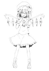 Rule 34 | 1girl, arms behind back, ascot, breasts, collared shirt, crystal, finger to mouth, flandre scarlet, frilled skirt, frills, full body, greyscale, hair over one eye, hat, hat ribbon, highres, looking at viewer, mary janes, medium hair, mob cap, monochrome, one side up, puffy short sleeves, puffy sleeves, ribbon, shirt, shoes, short sleeves, skirt, small breasts, socks, solo, touhou, wings, zeroichi (zeroshiki spring)