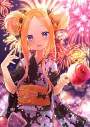 Rule 34 | 1girl, :d, abigail williams (fate), aerial fireworks, arurun mm, bell, black bow, black kimono, blonde hair, blue eyes, blurry, blurry background, blurry foreground, blush, bow, candy apple, commentary request, depth of field, double bun, fate/grand order, fate (series), fireworks, floral print, flower, food, forehead, hair bell, hair bow, hair bun, hair flower, hair ornament, head tilt, highres, holding, holding food, japanese clothes, jingle bell, kimono, long hair, obi, open mouth, orange bow, parted bangs, polka dot, polka dot bow, print kimono, sash, short sleeves, sidelocks, smile, solo, sunflower, sunflower hair ornament, upper body, wide sleeves, wind chime, yellow flower, yukata