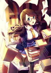Rule 34 | 1girl, :o, artist name, black footwear, black thighhighs, blue eyes, blue jacket, blue skirt, blurry, blush, book, book stack, bookshelf, breasts, brown hair, buttons, carrying, collared shirt, day, depth of field, eyebrows, foreshortening, glasses, glint, hair ribbon, high-waist skirt, indoors, jacket, large breasts, librarian, library, long hair, looking at viewer, looking up, low twintails, necktie, open book, open clothes, open jacket, open mouth, orange necktie, original, paper, pleated skirt, red-framed eyewear, ribbon, rosuuri, semi-rimless eyewear, shirt, shoes, skirt, solo, sunlight, tareme, thighhighs, twintails, under-rim eyewear, underbust, walking, watermark, web address, white ribbon, white shirt, wing collar, wooden floor, zettai ryouiki