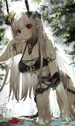 Rule 34 | 1girl, arknights, armlet, bare shoulders, bikini, black bikini, black ribbon, breasts, cleavage, collar, flower, grey hair, hair flower, hair ornament, hand on own knee, haowei wu, highres, horns, infection monitor (arknights), jewelry, large breasts, leaning forward, long hair, looking at viewer, material growth, mudrock (arknights), mudrock (silent night) (arknights), navel, necklace, official alternate costume, oripathy lesion (arknights), parted lips, red eyes, ribbon, simple background, smile, solo, swimsuit, very long hair, wading, water, white background, yellow flower