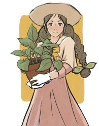 Rule 34 | 1girl, ace attorney, blush, border, bow, bowtie, braid, brown eyes, brown headwear, capelet, closed mouth, cowboy shot, dress, flower pot, gloves, hair ornament, highres, holding, holding flower pot, juniper woods, leaf hair ornament, long dress, long hair, outside border, pink dress, plant, plant request, potted plant, safeneia, sidelocks, sleeves rolled up, smile, solo, split mouth, twin braids, very long hair, white border, white gloves, yellow background, yellow bow, yellow bowtie, yellow capelet