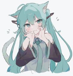 Rule 34 | 1girl, animal ears, aqua eyes, aqua hair, aqua necktie, cat ears, cat tail, closed mouth, detached sleeves, hatsune miku, highres, long hair, looking at viewer, necktie, otintin, simple background, smile, solo, tail, twintails, upper body, vocaloid, white background