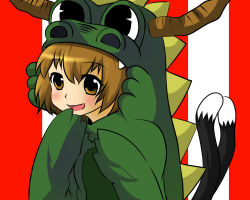 Rule 34 | 1girl, :d, animal costume, bad id, bad pixiv id, brown eyes, brown hair, cat tail, chen, dragon costume, hand to own mouth, multiple tails, nekomata, okaken, open mouth, short hair, smile, solo, tail, touhou, two tails