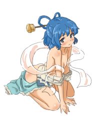 Rule 34 | 1girl, ass, bad id, bad pixiv id, blue eyes, blue hair, blush, clothes around waist, collarbone, female focus, flat chest, full body, hair ornament, hair rings, hair stick, kaku seiga, looking at viewer, matching hair/eyes, no bra, no panties, off shoulder, open clothes, open shirt, open skirt, shawl, shibasaki shouji, shirt, shirt around waist, short hair, sitting, skirt, solo, touhou, v arms, white background