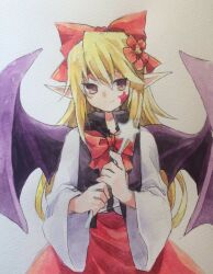 Rule 34 | 1girl, bat wings, black vest, blonde hair, closed mouth, commentary request, cowboy shot, elis (touhou), facial mark, flat chest, flower, hair flower, hair ornament, hair ribbon, highres, holding, holding wand, kaigen 1025, long hair, long sleeves, looking at viewer, neck ribbon, open clothes, open vest, painting (medium), pointy ears, purple wings, red flower, red ribbon, red skirt, ribbon, shirt, simple background, skirt, smile, solo, star (symbol), star facial mark, star wand, touhou, touhou (pc-98), traditional media, vest, wand, watercolor (medium), white background, white shirt, wide sleeves, wings, yellow eyes