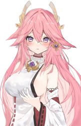 Rule 34 | 1girl, animal ears, areola slip, bare shoulders, blush, grabbing another&#039;s breast, breasts, commentary request, detached sleeves, earrings, floppy ears, fox ears, genshin impact, grabbing, grabbing own breast, hair between eyes, highres, jewelry, large breasts, long hair, nontraditional miko, parted lips, pink hair, purple eyes, ribbon trim, shirt, sideboob, simple background, sleeveless, sleeveless shirt, solo, sweat, turtleneck, wet, white background, white shirt, white sleeves, wide sleeves, yae miko, yupi (yuyupiko01)