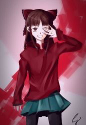 Rule 34 | 1girl, \||/, abstract background, absurdres, alternate costume, casual, cowboy shot, crowgazer, hakurei reimu, hand over face, highres, hood, hoodie, pantyhose, self-upload, skirt, sleeves past wrists, smile, solo, touhou