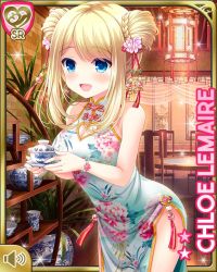 Rule 34 | 1girl, blonde hair, blue eyes, breasts, chair, character name, china dress, chinese clothes, chloe lemaire, double bun, dress, floral print, flower, girlfriend (kari), hair bun, hair flower, hair ornament, hands on own face, holding, indoors, lantern, long hair, official art, open mouth, plant, potted plant, qp:flapper, ribbon, saucer, sleeveless, sleeveless dress, smile, solo, table, thighs, white dress