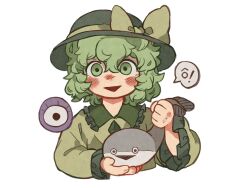Rule 34 | 1girl, animal, blush, bow, brown bow, brown shirt, collared shirt, commentary, cropped torso, eyeball, ezier, fish, flat chest, frilled shirt collar, frilled sleeves, frills, green eyes, green hair, grey hat, hair between eyes, hat, hat bow, highres, holding, holding animal, holding fish, komeiji koishi, long sleeves, looking at viewer, medium bangs, messy hair, open mouth, sacabambaspis, shirt, short hair, simple background, smile, solo, third eye, touhou, triangle mouth, upper body, white background