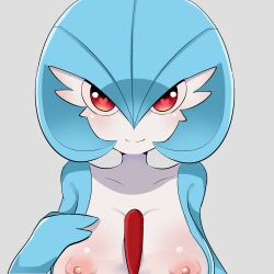 Rule 34 | 1girl, alternate color, blue hair, blue skin, blush, bob cut, breasts, closed mouth, collarbone, colored skin, creatures (company), female focus, game freak, gardevoir, gen 3 pokemon, grey background, hair between eyes, hand on own chest, hand up, happy, heart, heart-shaped pupils, highres, large breasts, multicolored skin, nintendo, nipples, pokemon, pokemon (creature), red eyes, shiny pokemon, short hair, simple background, smile, solo, split mouth, straight-on, symbol-shaped pupils, two-tone skin, upper body, white skin, yutti (pixiv 92453386)