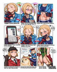 Rule 34 | 1girl, anger vein, ass, black necktie, blank eyes, blonde hair, blue eyes, blue jacket, blush, braid, breasts, brown gloves, cammy white, cellphone, commentary, contrapposto, dated, doge, eating, english commentary, english text, facial scar, fingerless gloves, gloves, green leotard, groin, hand on own hip, hat, headband, heart, hershuar, highres, jacket, laughing, leotard, low twin braids, medium breasts, mole, mole on stomach, navel, necktie, pants, phone, pointing, pouch, red headband, red jacket, scar, scar on cheek, scar on face, shiba inu, smartphone, smile, sparkle, spoken anger vein, sports bra, squiggle, street fighter, street fighter 6, sweat, tears, thigh pouch, thong leotard, thought bubble, twin braids, twitter username, yoga pants