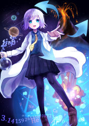 Rule 34 | 1girl, absurdres, additional math, alphabet, arrow (symbol), astronomy, black legwear, black skirt, blue eyes, breasts, bubble, chemistry, english text, eruption, explosion, flask, flat chest, glassware, highres, jupiter (planet), lab coat, looking at viewer, mahdi, math, necktie, neptune (planet), open mouth, original, periodic table, physics, pi (math), planet, pointing, pointing at viewer, purple hair, science, scientist, shoes, shooting star, short hair, skirt, sky, small breasts, smile, standing, star (sky), star (symbol), starry background, starry sky, teeth, tube, turquoise eyes, uniform, universe, uranus (planet), volcano, white hair, yellow necktie