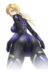 Rule 34 | 1girl, ass, back, backboob, blonde hair, blue eyes, bodysuit, breasts, cameltoe, female focus, from behind, highres, jill valentine, large breasts, legs, long hair, looking back, open mouth, ponytail, resident evil, resident evil 5, simple background, solo, standing, thighs, thor (deep rising), white background