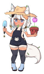 Rule 34 | 1girl, animal ear fluff, animal ears, bailingxiao jiu, black thighhighs, blue eyes, blue footwear, blush, boots, braid, breasts, brown hat, closed mouth, ears through headwear, flower, full body, glasses, hair flower, hair ornament, hat, heart, heart-shaped pupils, highres, holding, mouth hold, original, overall shorts, overalls, pigeon-toed, pink flower, plant, potted plant, side braids, silver hair, simple background, skindentation, small breasts, solo, standing, straw hat, sunflower, sunflower hair ornament, symbol-shaped pupils, tail, tan, tanline, thighhighs, thighhighs under boots, trowel, twin braids, white background, yellow flower