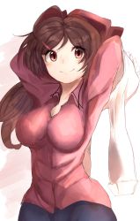 Rule 34 | 10s, 1girl, absurdres, alternate costume, arms up, breasts, brown eyes, brown hair, closed mouth, hair ornament, hairclip, highres, kantai collection, large breasts, light smile, long hair, looking at viewer, mamiya (kancolle), ranf, solo
