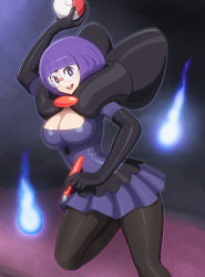 Rule 34 | 10s, 1girl, 1q, alternate color, blunt bangs, bob cut, breasts, cleavage, collar, creatures (company), dress, elbow gloves, elite four, game freak, ghost, glasses, gloves, highres, holding, holding poke ball, large breasts, nintendo, pantyhose, pen, pleated skirt, poke ball, pokemon, pokemon bw, purple eyes, purple hair, purple skirt, shauntal (pokemon), shiny clothes, shirt, short hair, skirt, smile, solo, taut clothes, taut shirt